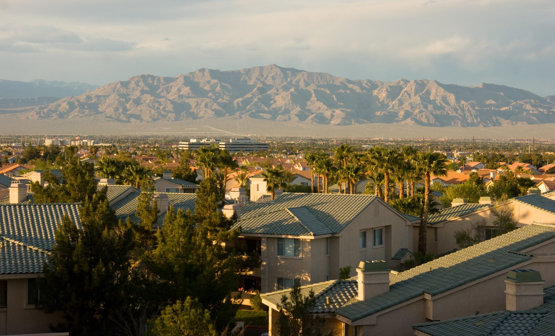 A rooftop view of a residential area, focusing on a group of condo buildings with gray tile roofs, with terra cotta-roofed buildings in the distance. The tops of palm trees are interspersed throughout the buildings. In the distance, there is a large brown mountain range